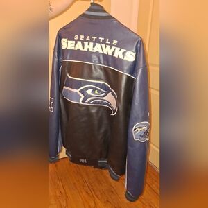 XL NFL Blue Faux Leather Jacket with Seattle Seahawks Patchs